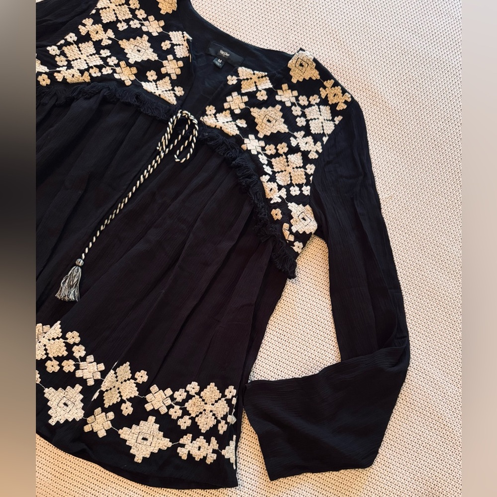 MOSSIMO Bohemian Long Sleeve Black Peasant Blouse Top w White Embroidery - Picture 4 of 11